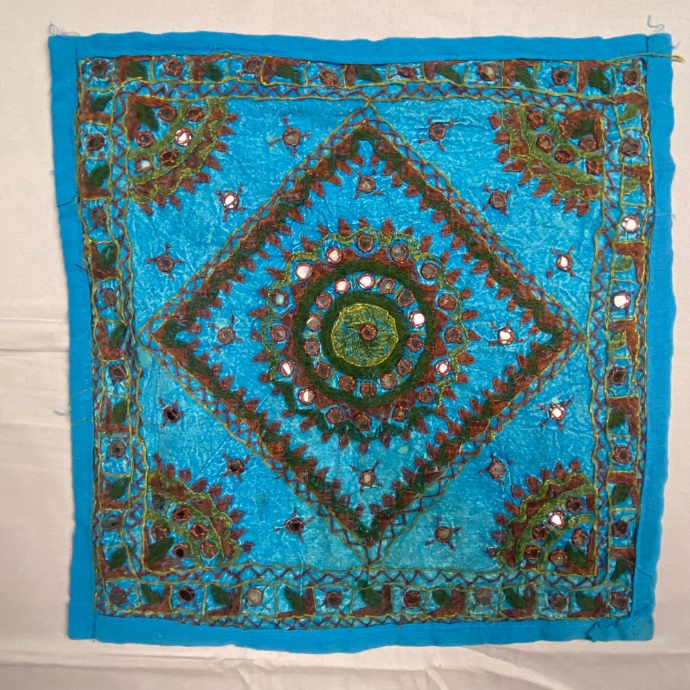 Devananda Turquoise Cotton Mirror Work Pillow Cover Boho Indian Embroidery 16x16